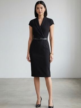 Calvin Klein Black Cap-Sleeve Wrap Sheath Midi Dress P2P 17/ Waist 14